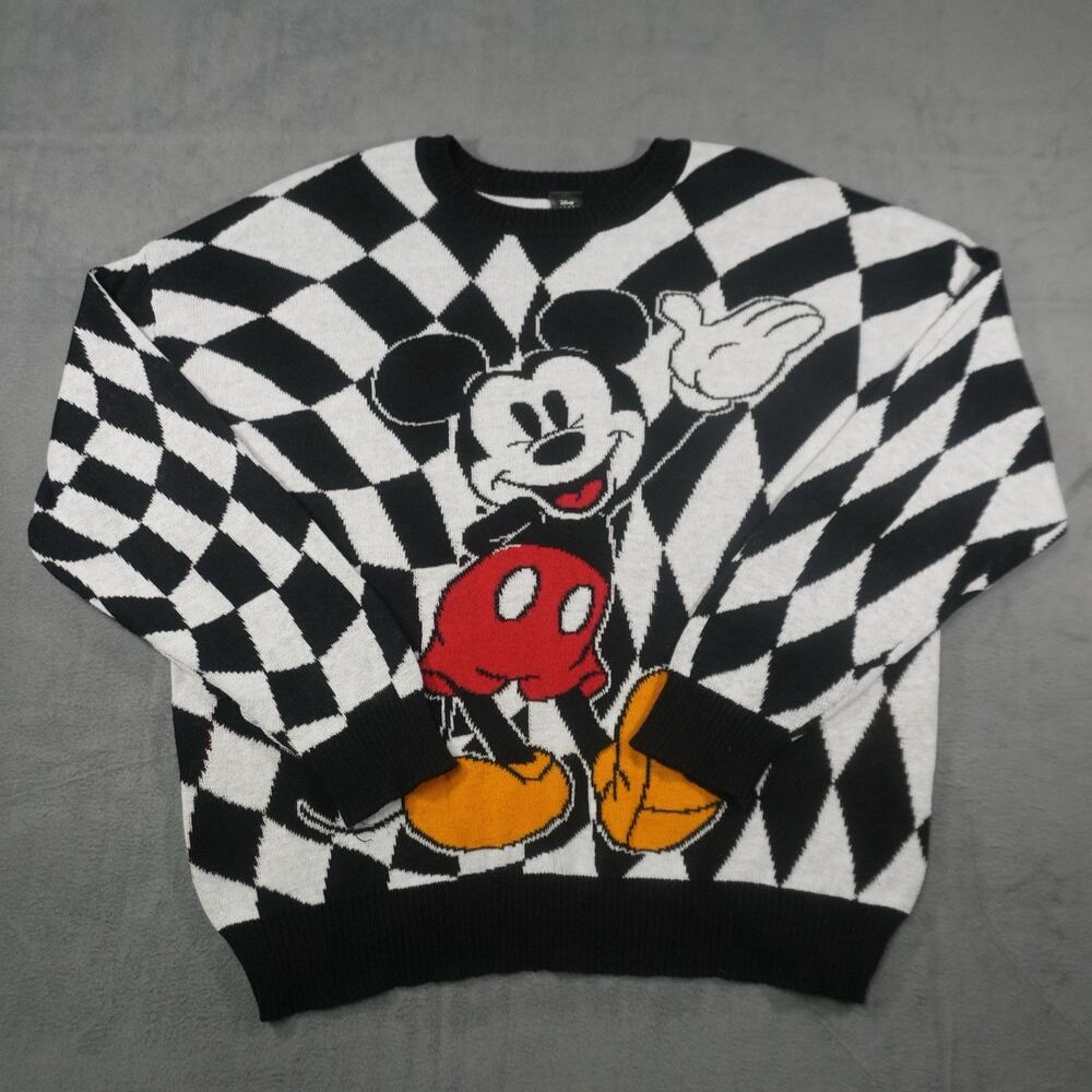 Disney Mickey Mouse Women’s XXL Checkerboard Sweater B&W Graphic Pullover Blend